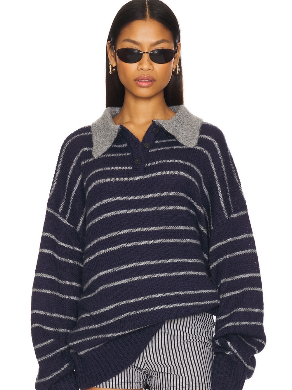 Lioness Navy and Gray Striped Polo-Collar Sweater